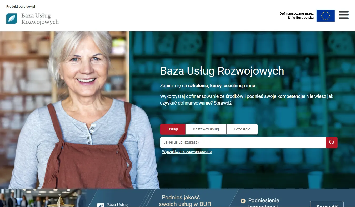 Strona główna Bazy Usług Rozwojowych — wyszukiwarka usług na środku ekranu
