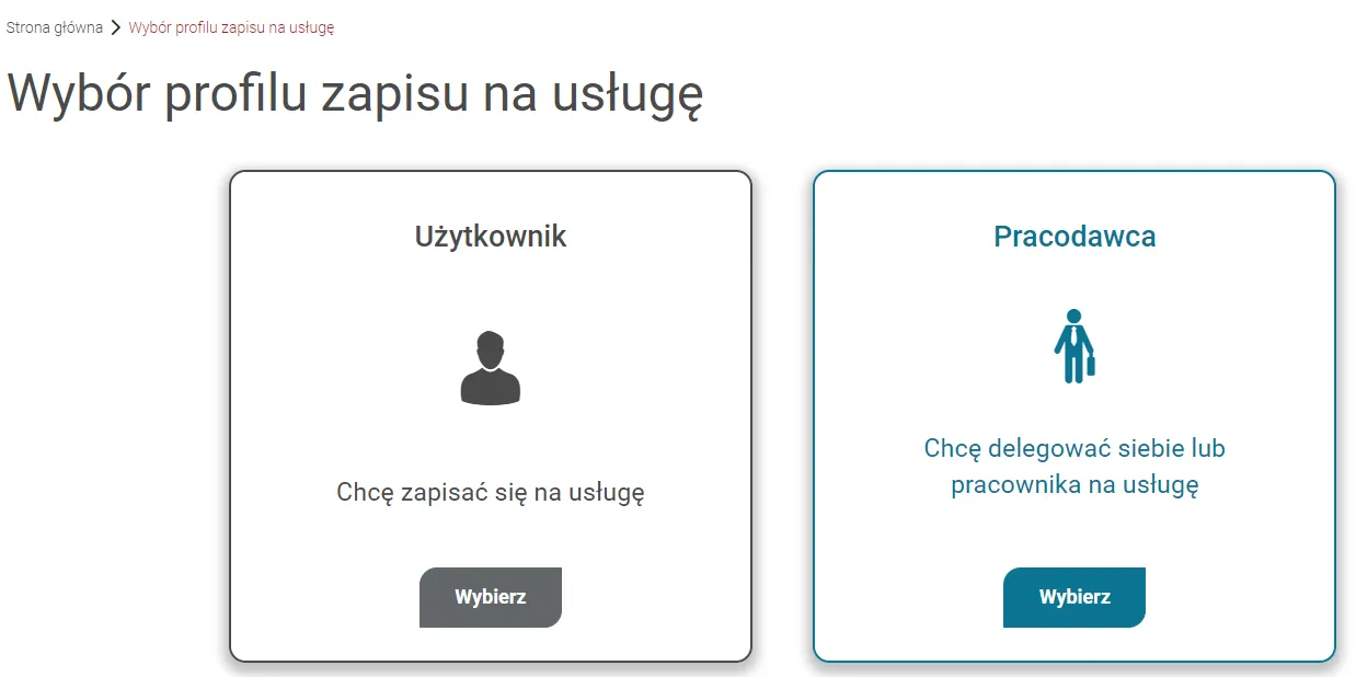 Ekran wyboru profilu zapisu na usługę — kafle Użytkownik i Pracodawca