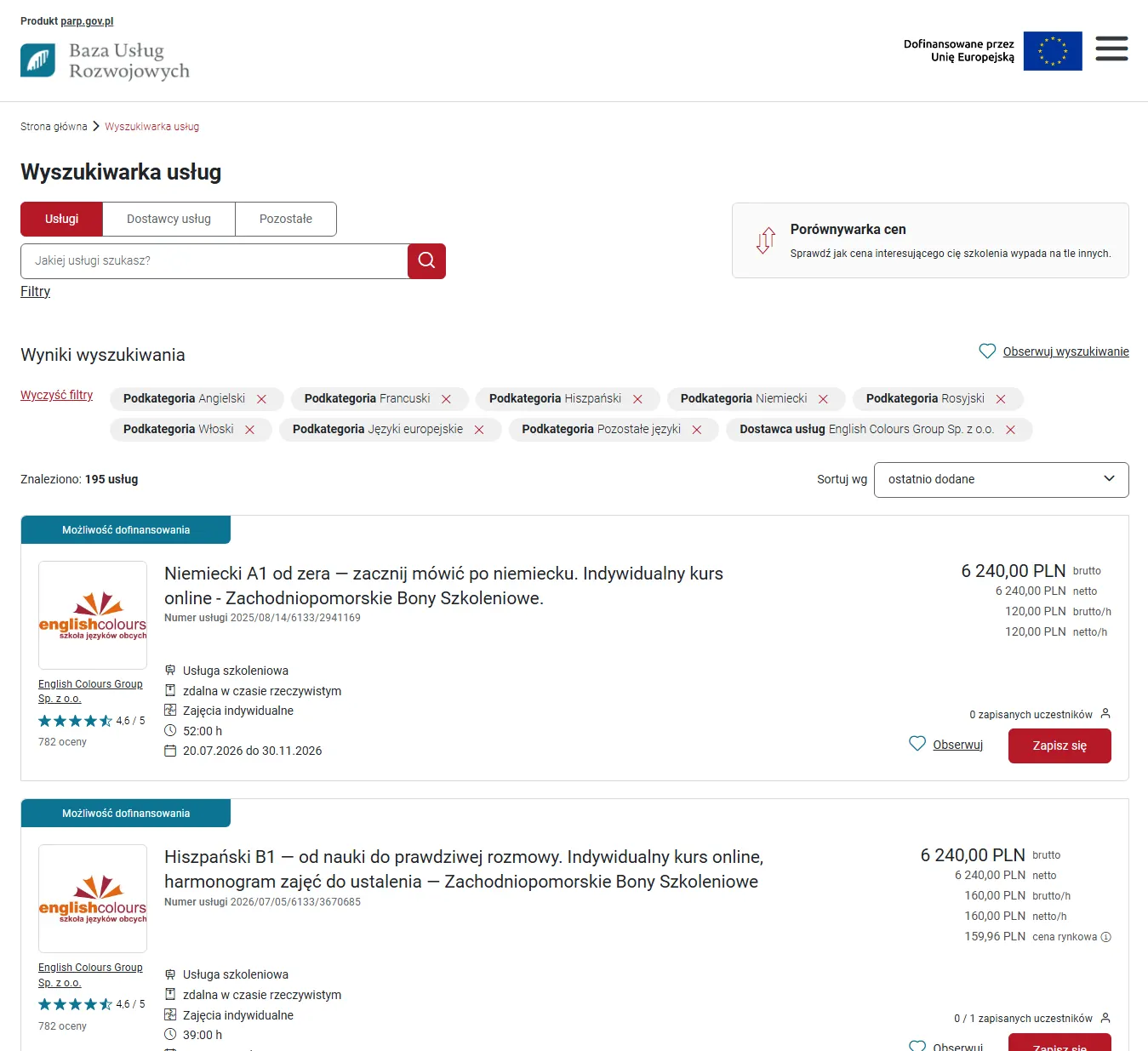 Wyniki wyszukiwania w BUR — kursy językowe English Colours z przyciskiem Zapisz się przy każdej usłudze